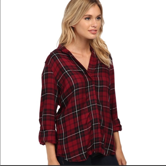 Sam Edelman Plaid Zipper Split Back Top Size S black and red with white stripes - Picture 5 of 15